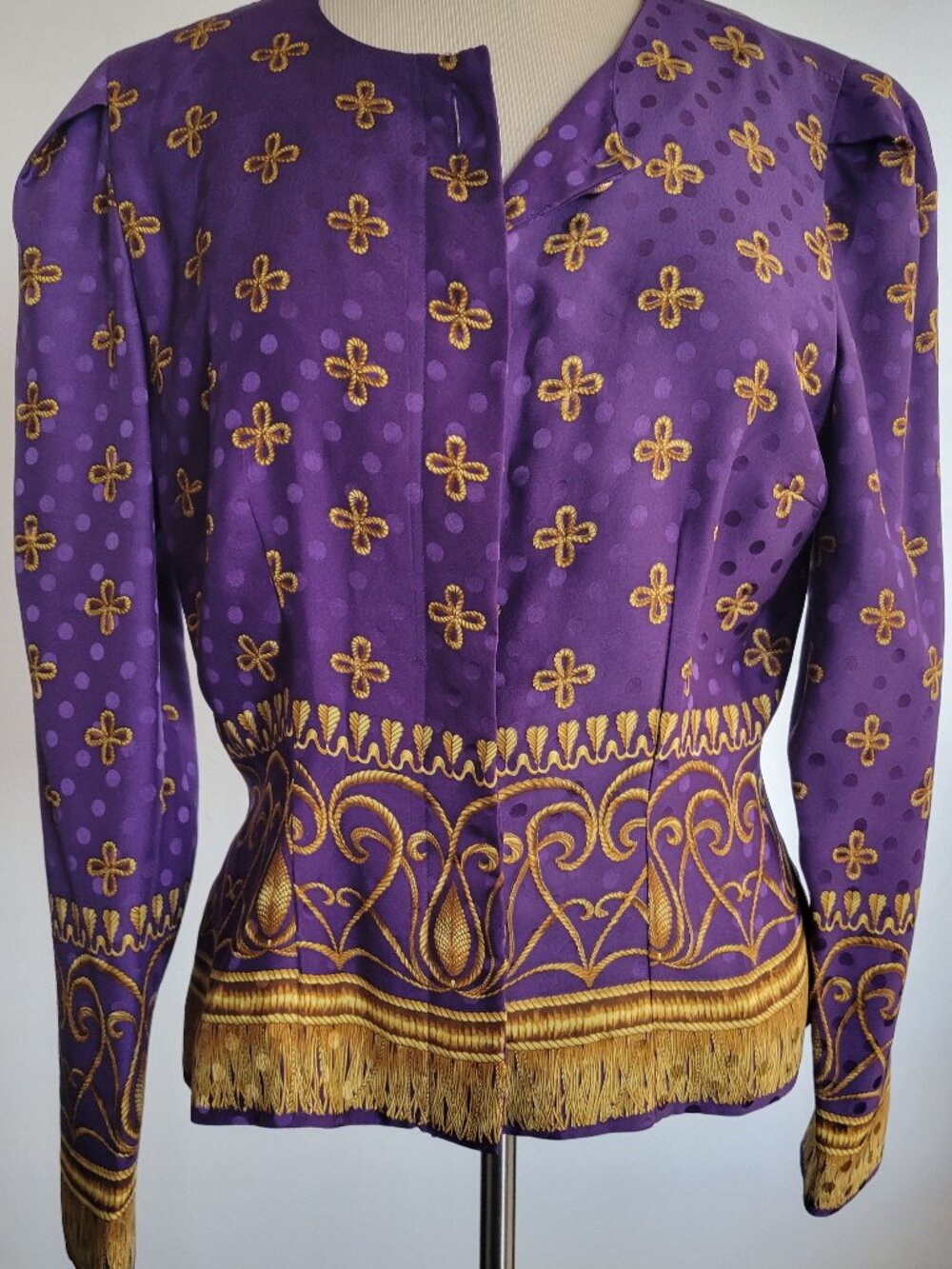 Maggie London 100% Silk Purple & Gold Embroidered Jacket | Size 4